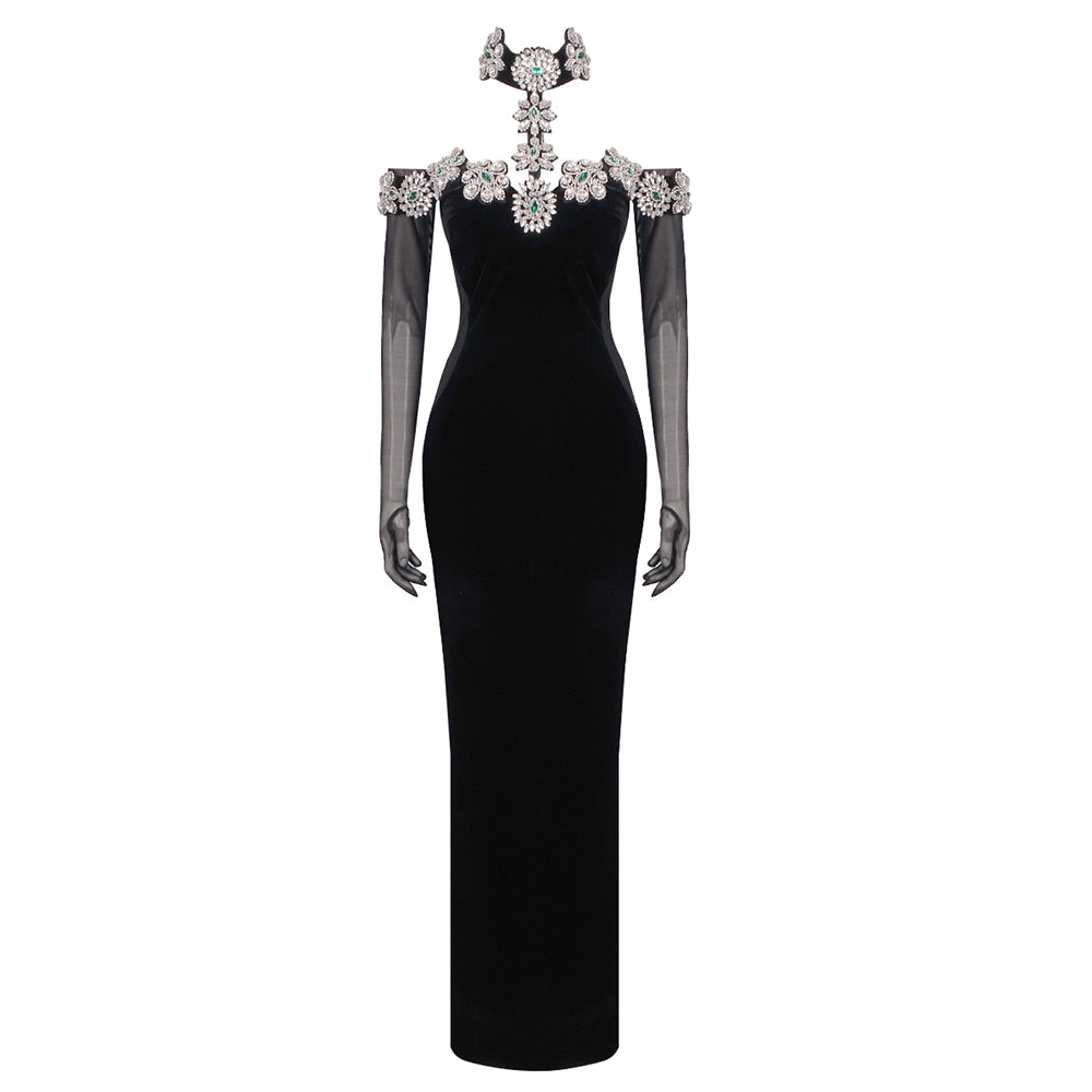 Halter Crystal Bardot Velvet Dress Maxi Black HV1495
