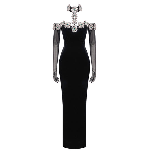 Halter Crystal Bardot Velvet Dress Maxi Black HV1495