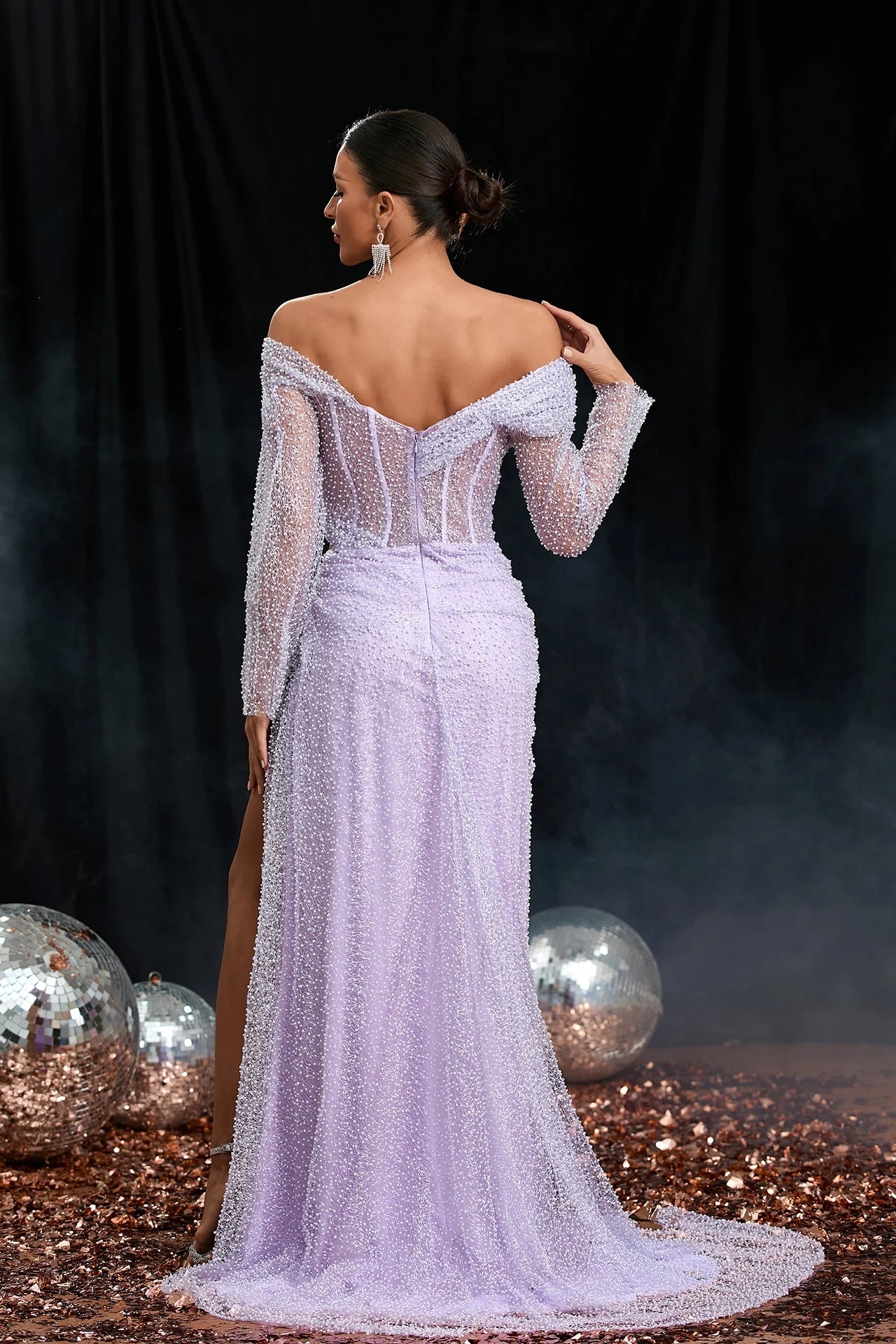 Long Sleeve Floral Sequin Maxi Dress Lavender HV1797