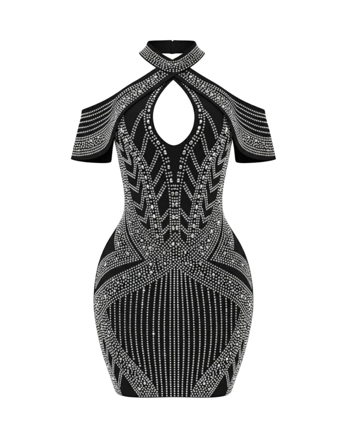 Halter Crystal Embellished Dress Black HV2638