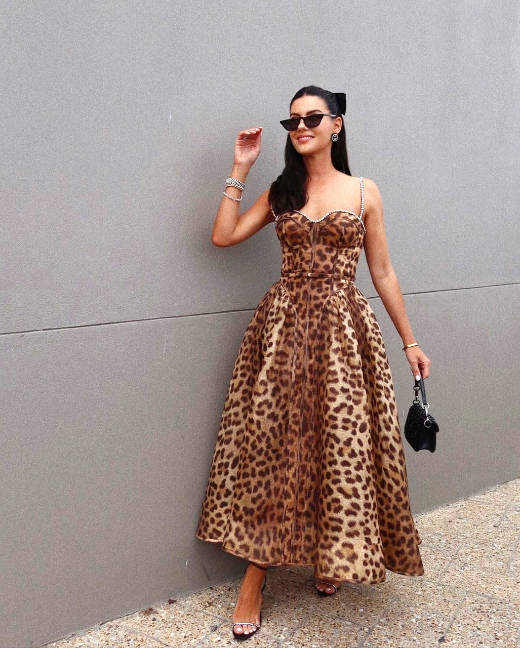 Animal Print Crystal Bustier A Line Midi Dress
