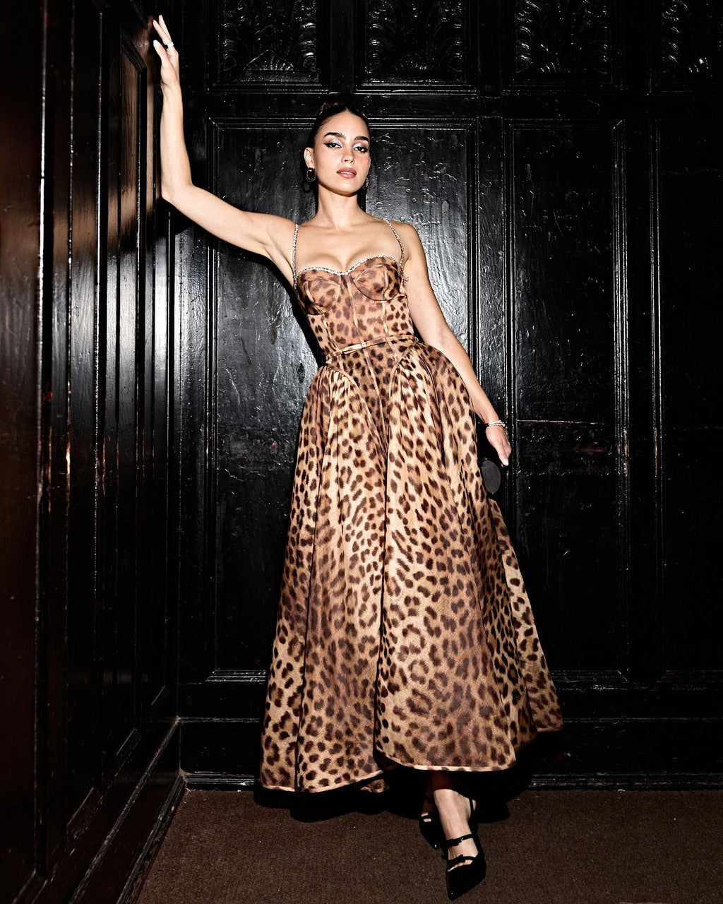 Animal Print Crystal Bustier A Line Midi Dress