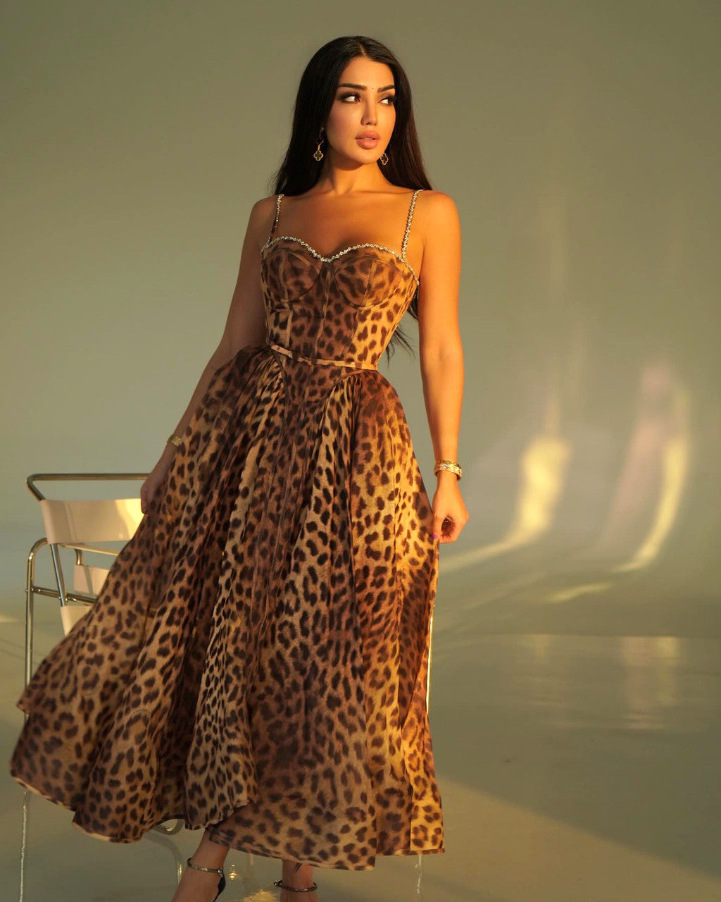 Animal Print Crystal Bustier A Line Midi Dress
