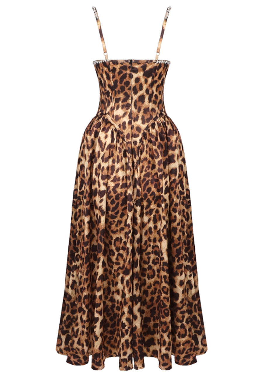 Animal Print Crystal Bustier A Line Midi Dress