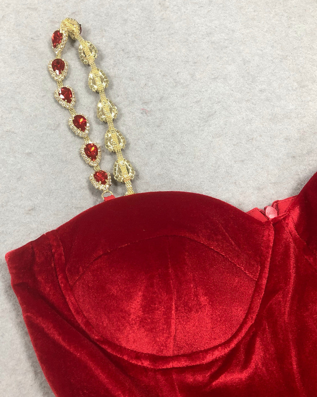 Bustier Detail Velvet Jumpsuit Red