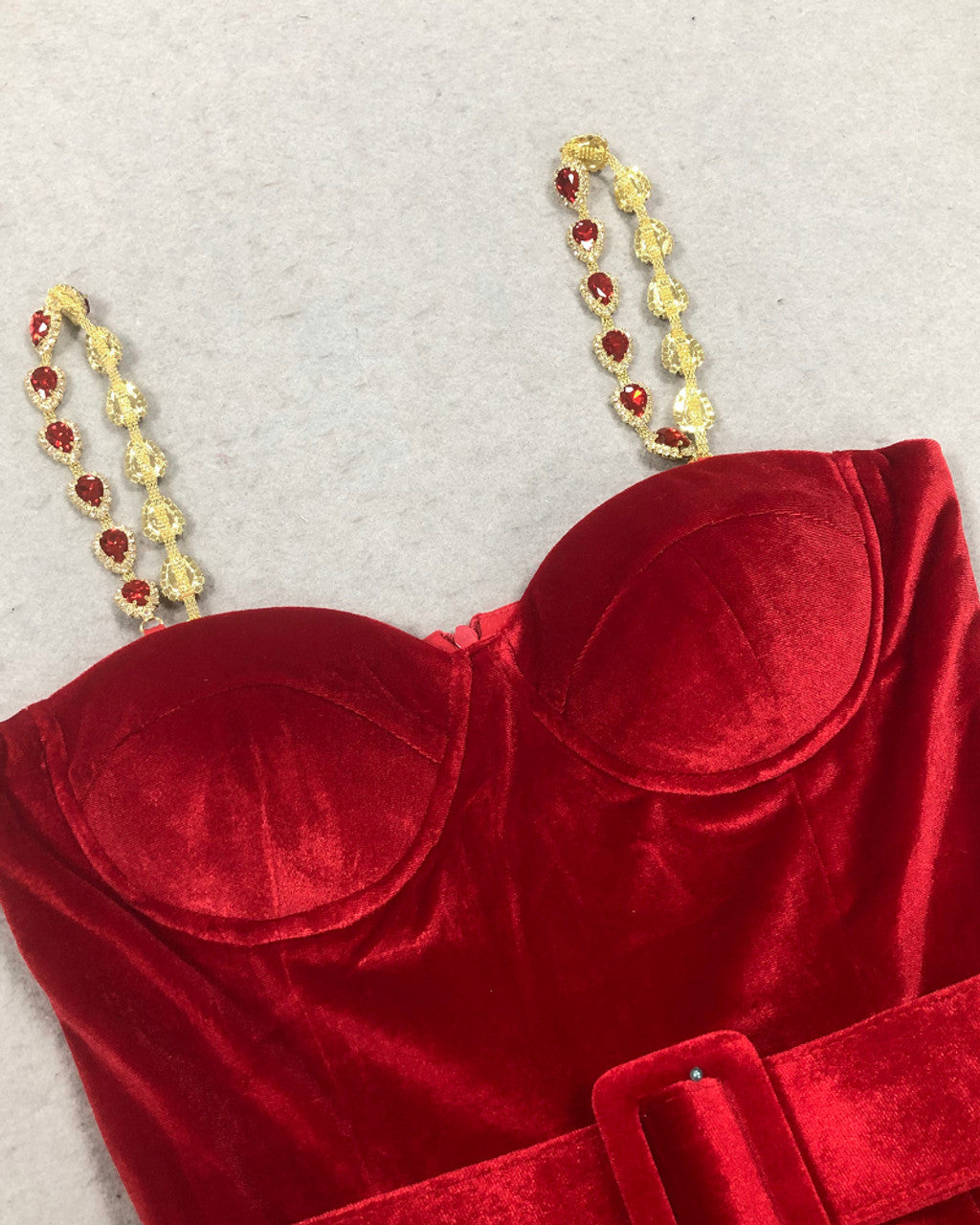 Bustier Detail Velvet Jumpsuit Red