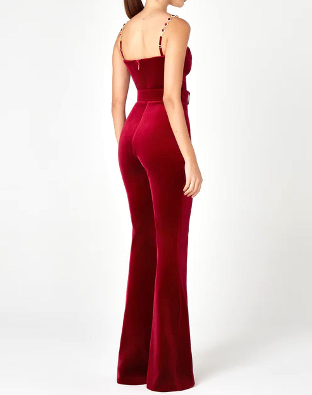 Bustier Detail Velvet Jumpsuit Red
