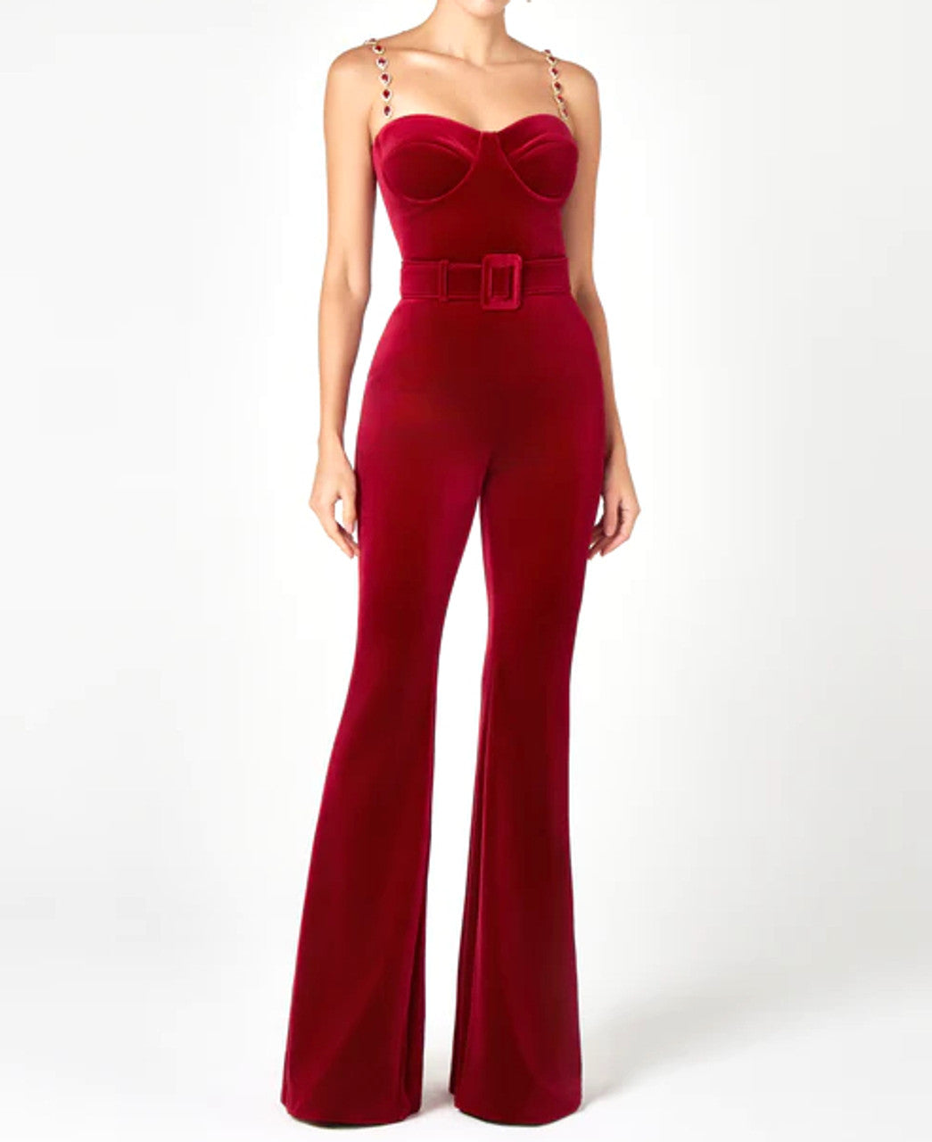 Bustier Detail Velvet Jumpsuit Red
