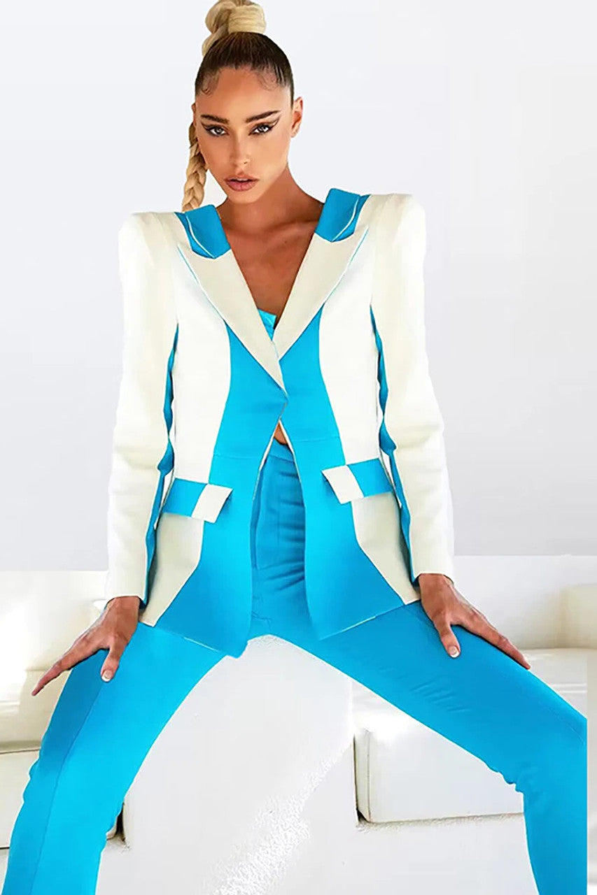 Long Sleeve Colorblock Suit Blue White