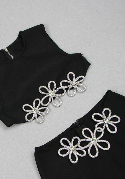 Crystal Flower Two Piece Dress Black HV9950