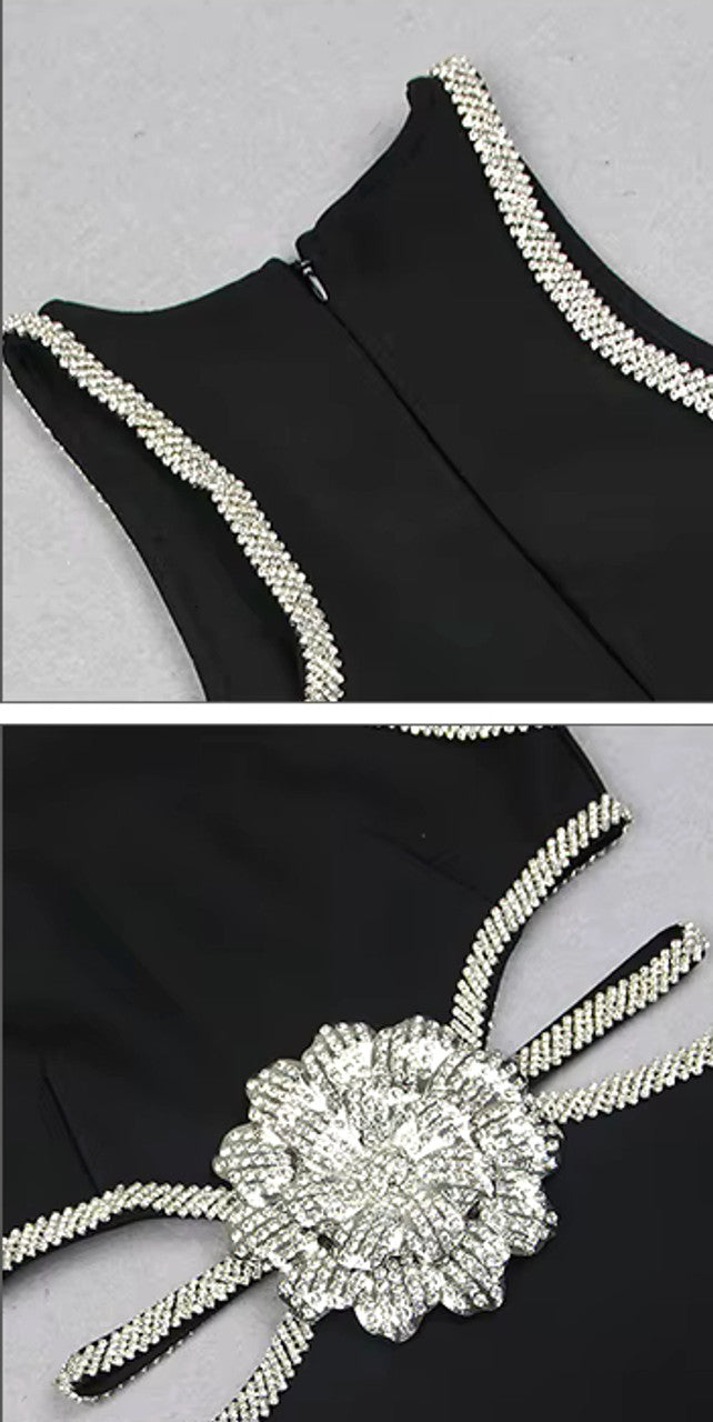 Crystal Flower Detail Dress Black