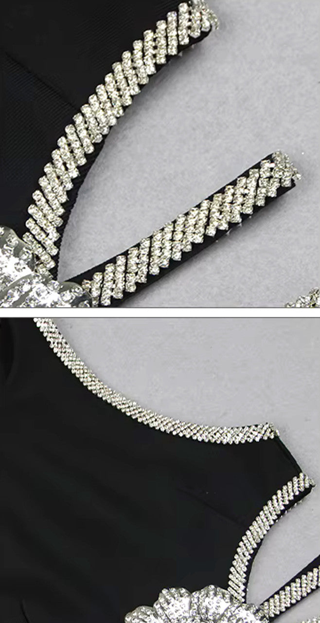 Crystal Flower Detail Dress Black