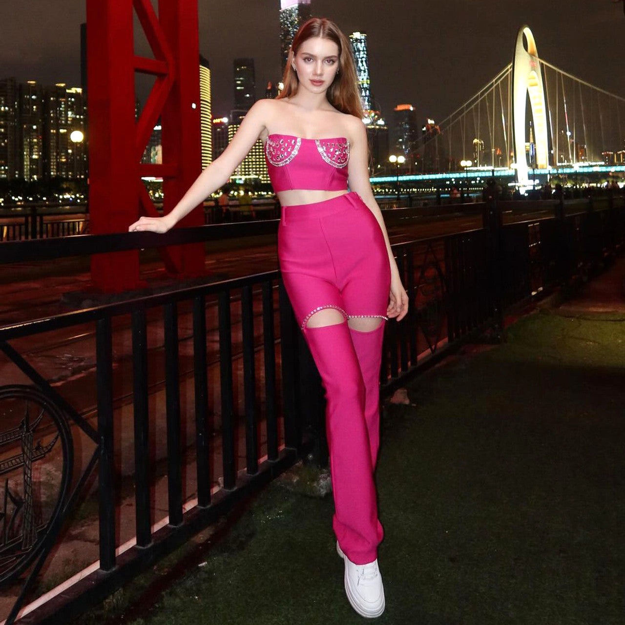 Strapless Crystal Bustier Two Piece Jumpsuit Hot Pink HV9772