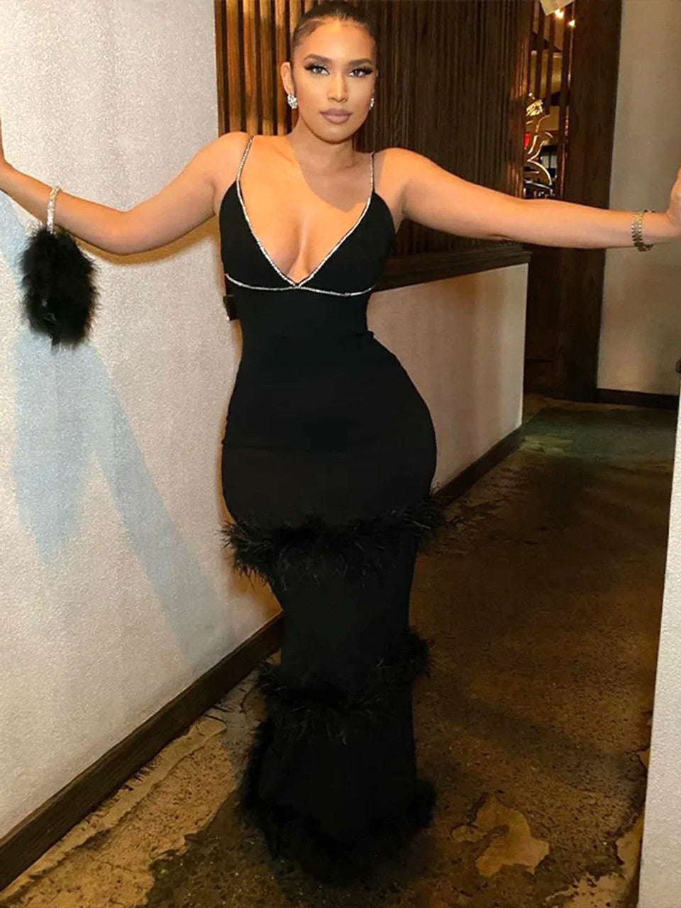 Crystal Trim Feather Detail Maxi Dress Black