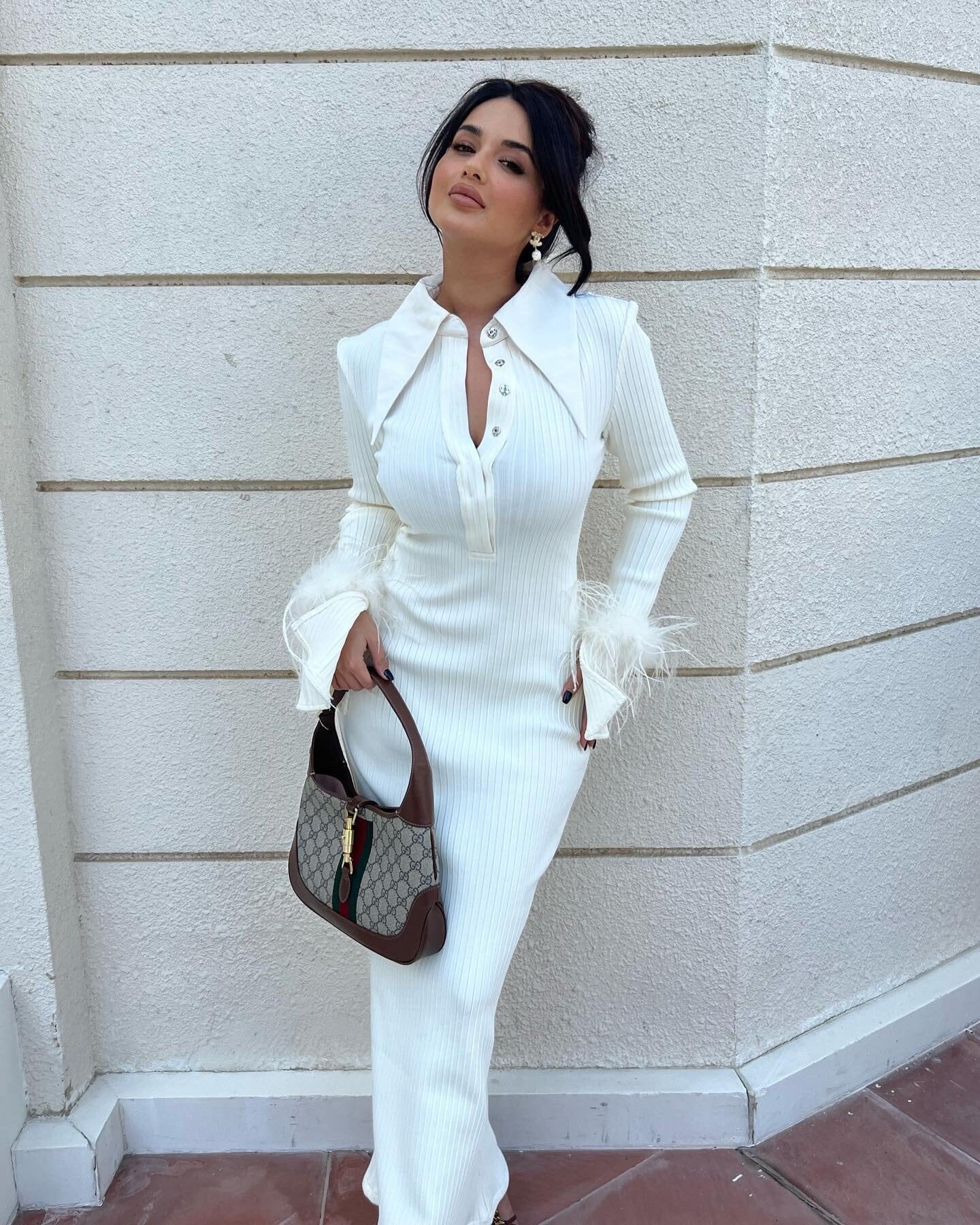 Long Sleeve Feather Ribbed Maxi Dress Ivory HV8975