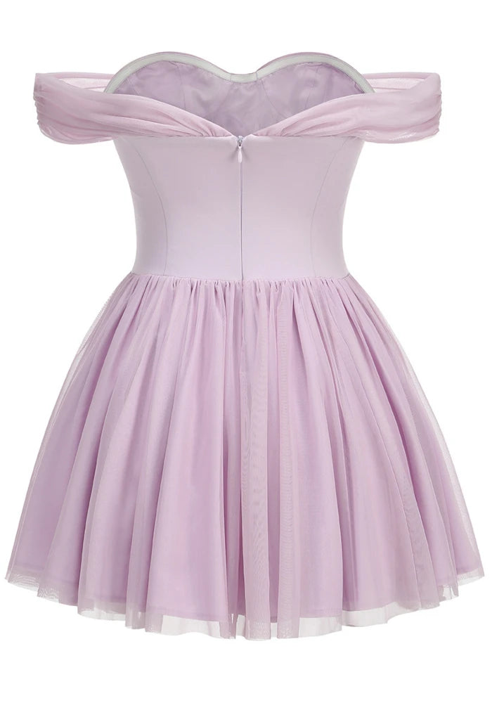 Draped Bardot Bow A Line Dress Lavender HV2635
