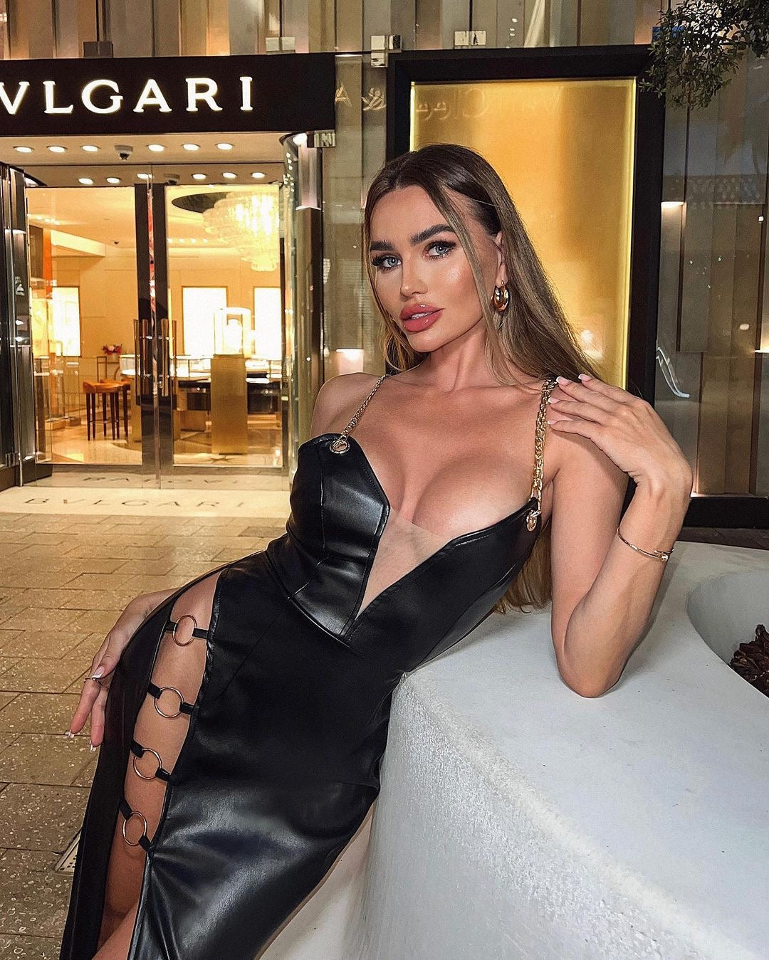 Chain Straps Maxi Faux Leather Dress HV8725