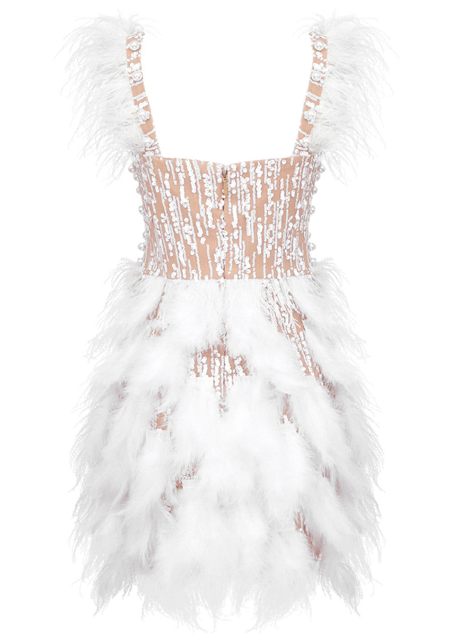 Feather Pearl Sequin Dress White Nude
