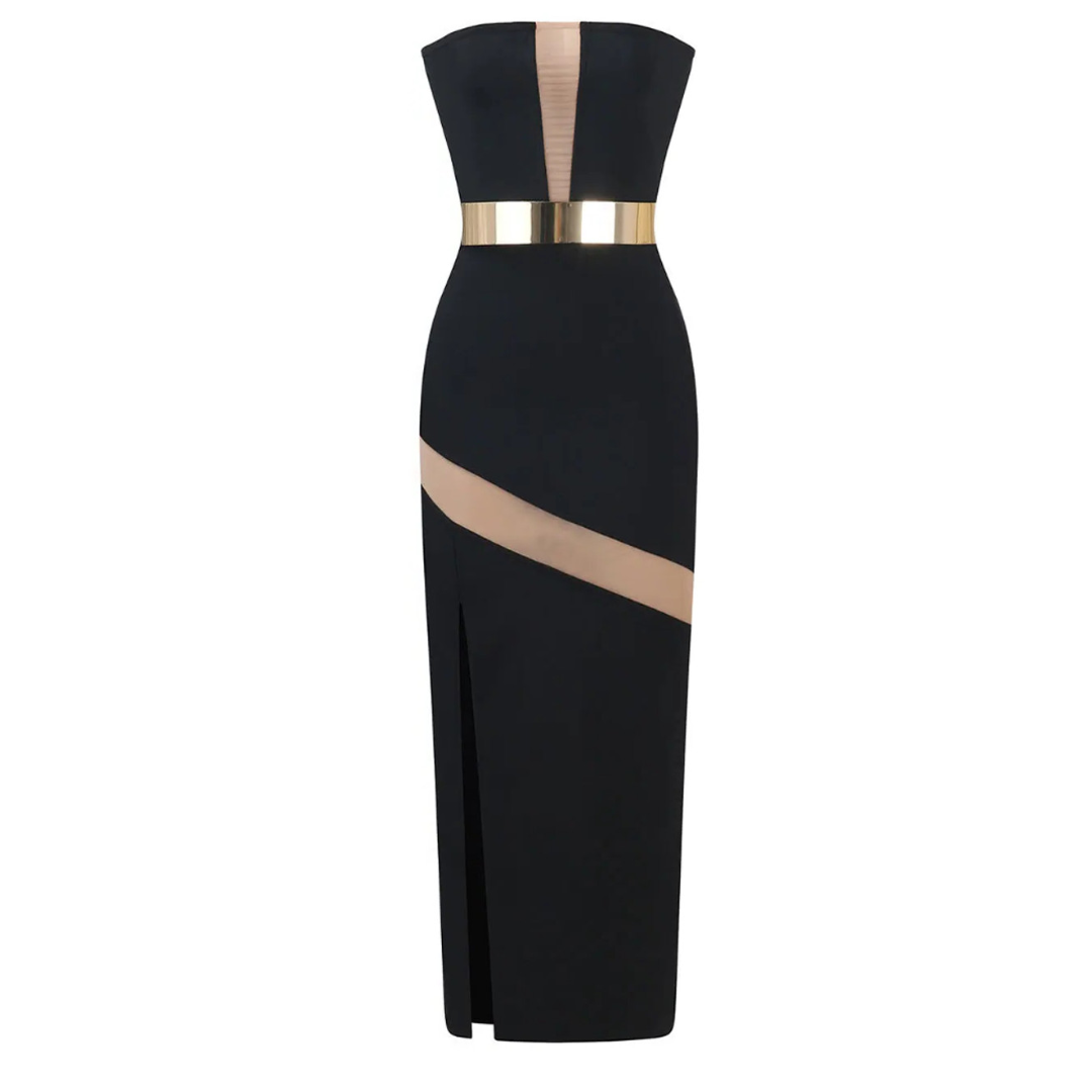 Strapless Mesh Insert Maxi Dress Black
