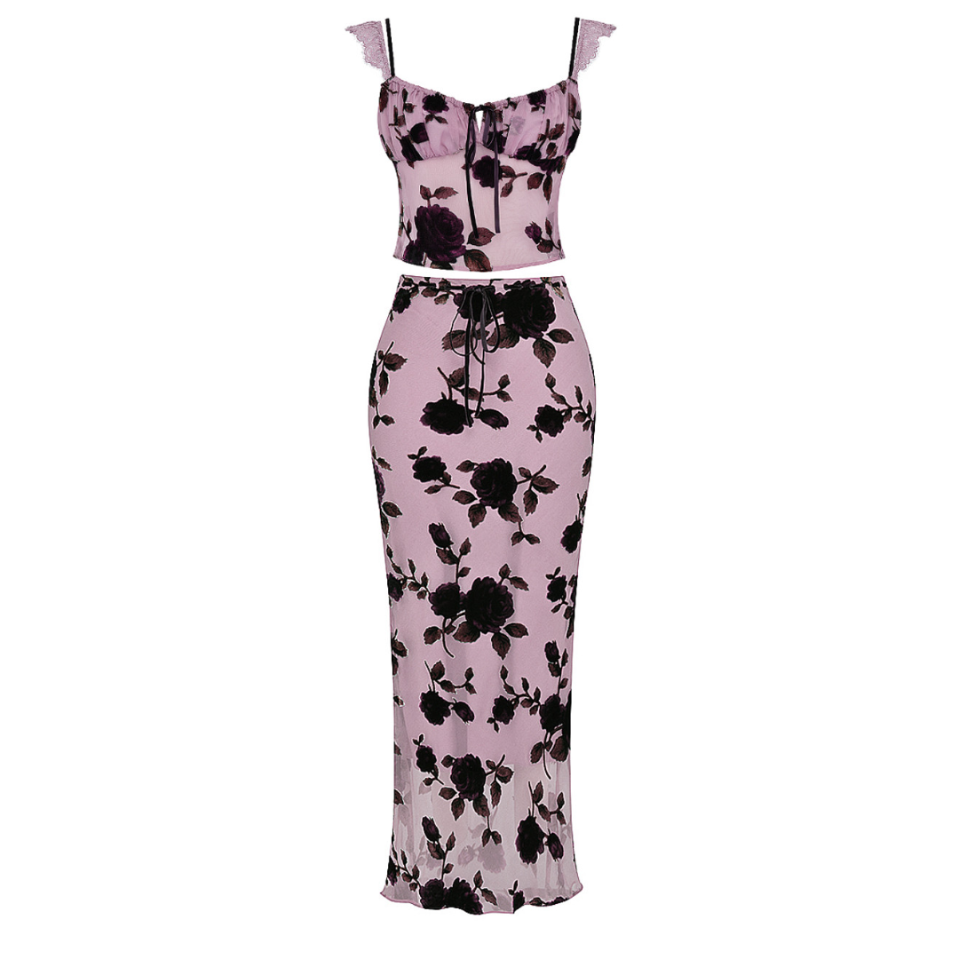 Floral Lace Bustier Two Piece Maxi Dress Pink