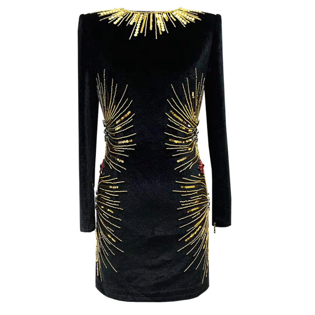 Long Sleeve Embellished Velvet Dress Black