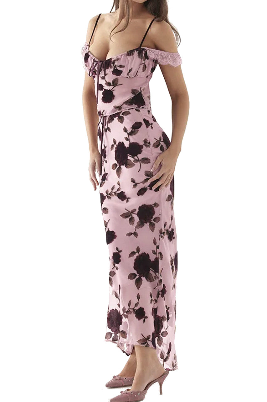 Floral Lace Bustier Two Piece Maxi Dress Pink