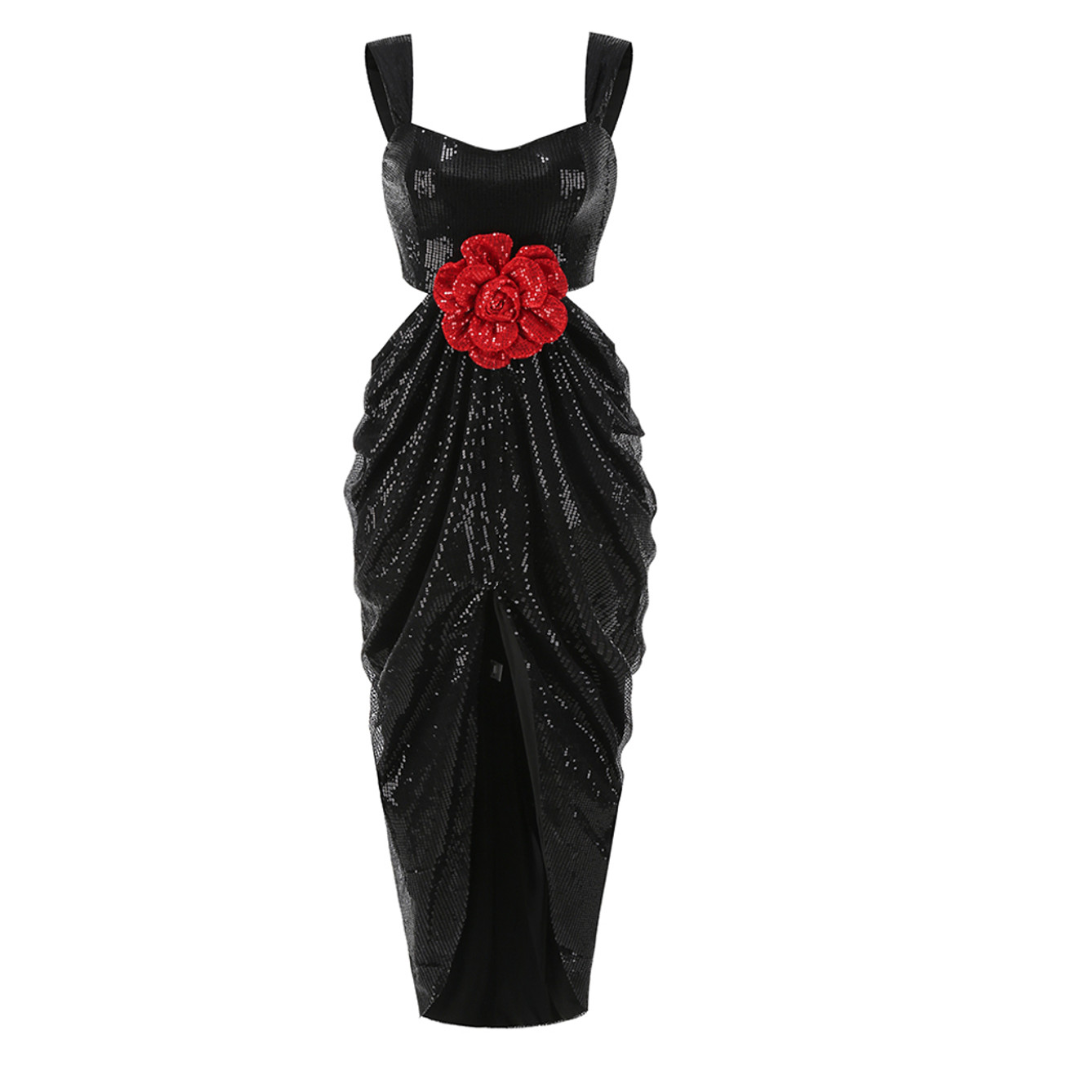 Floral Sequin Draped Maxi Dress Black HV1707