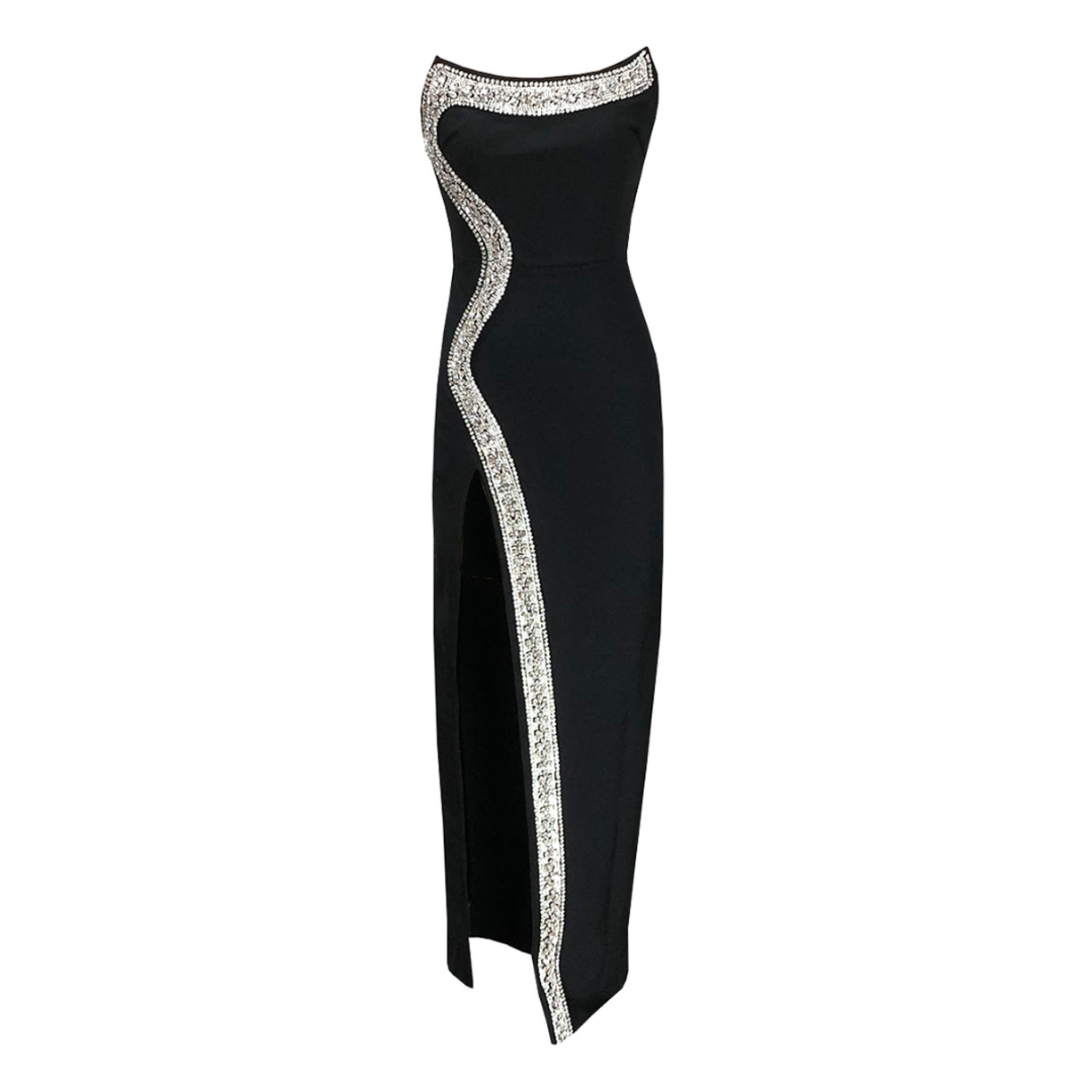 Strapless Design Crystal Detail Maxi Dress Black