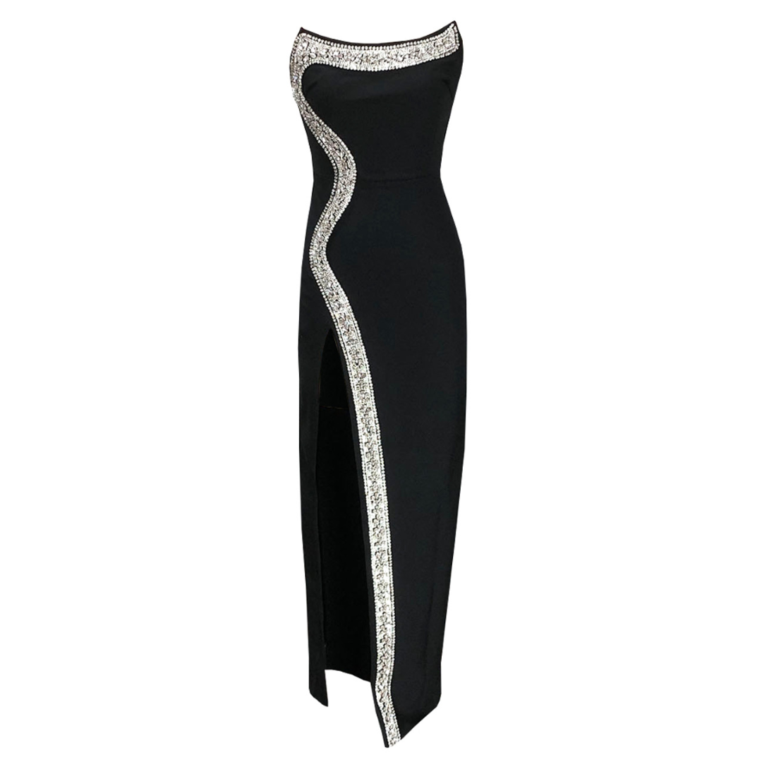 Strapless Design Crystal Detail Maxi Dress Black