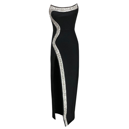 Strapless Design Crystal Detail Maxi Dress Black