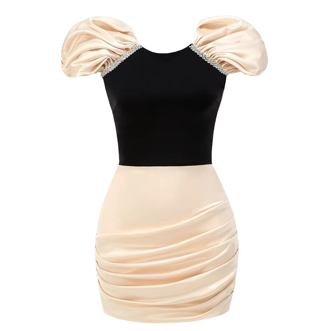 Draped Crystal Detail Dress Ivory Black
