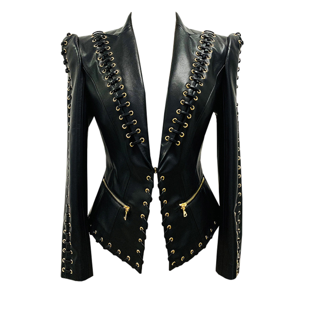 Long Sleeve Lace Up Faux Leather Jacket Black HV1202
