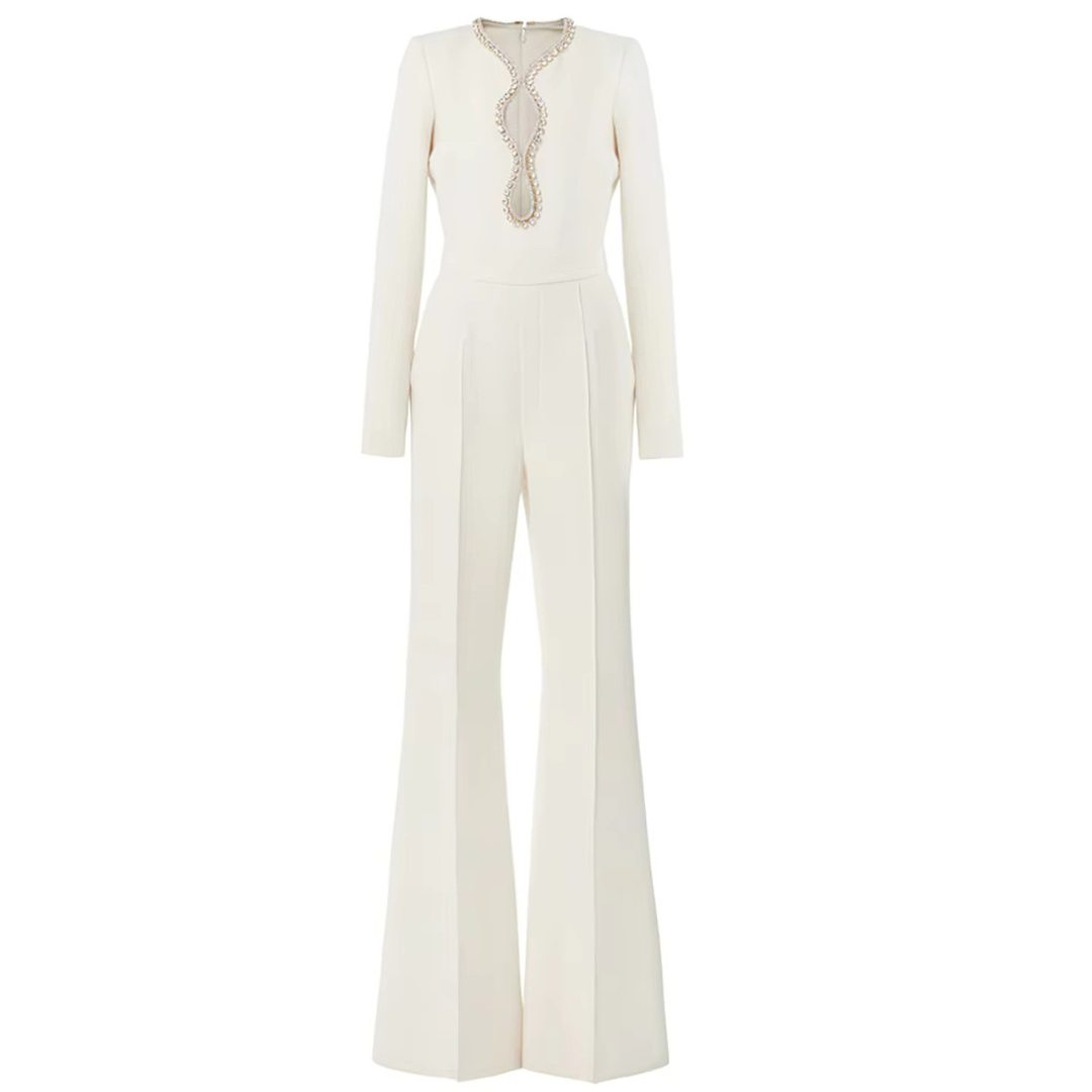 Long Sleeve Crystal Trim Jumpsuit White