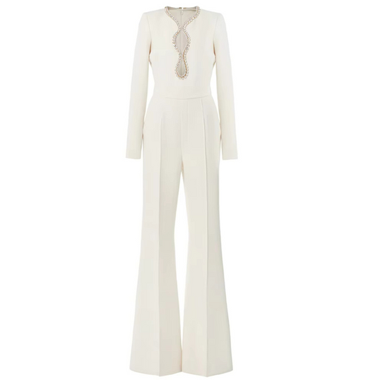 Long Sleeve Crystal Trim Jumpsuit White