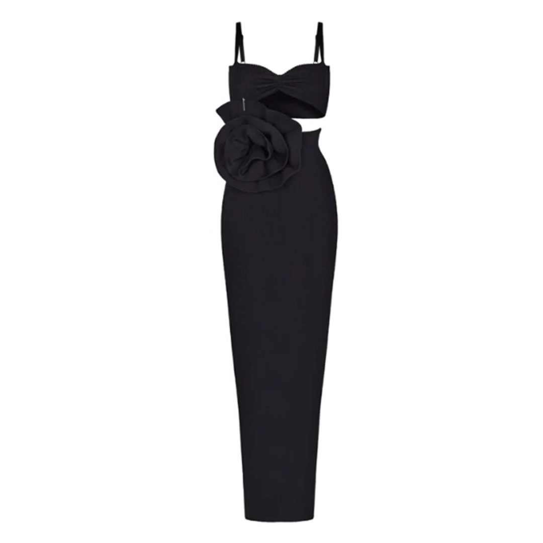 Floral Detail Ribbed Maxi Dress Black