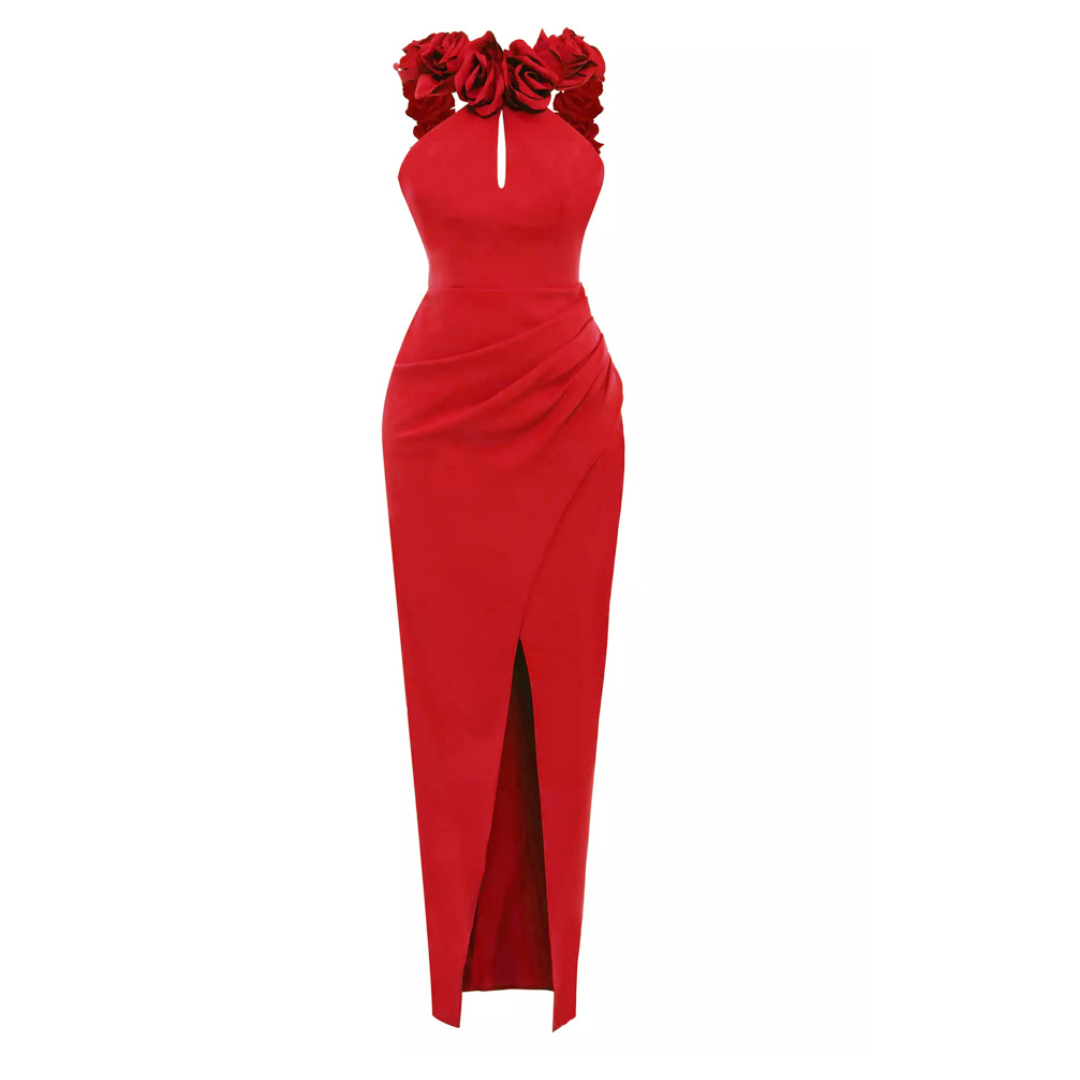 Halter Floral Backless Maxi Dress Red HV1733