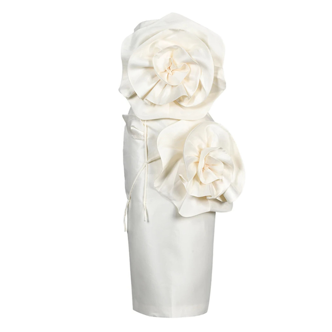 Strapless Flower Detail Corset Midi Dress Ivory