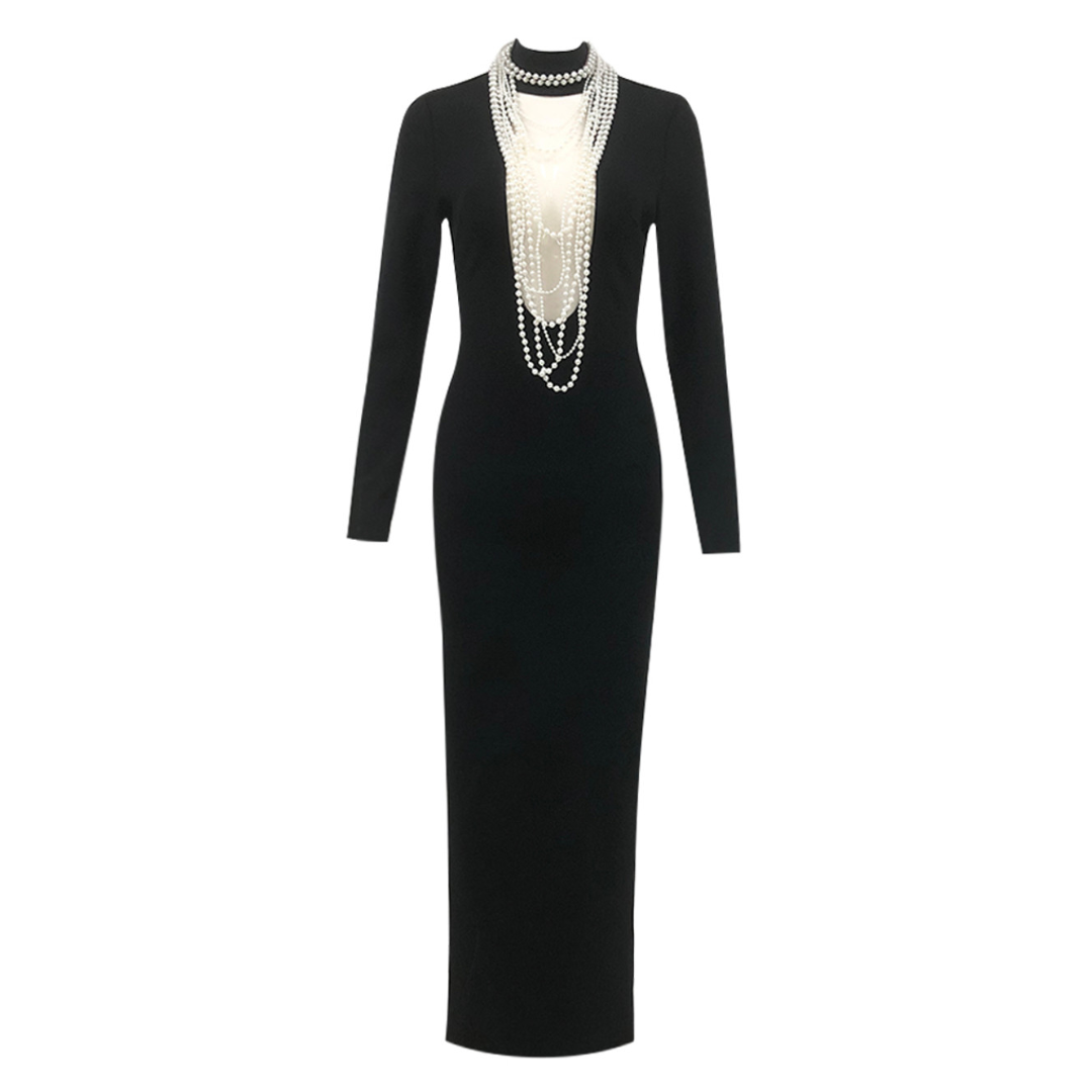 Long Sleeve Pearl Necklace Maxi Dress Black HV1700