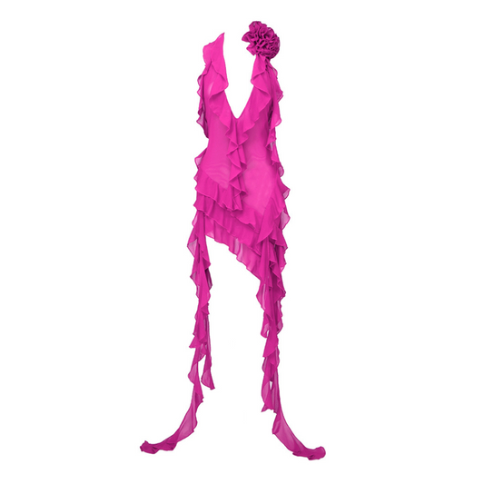 Halter Ruffle Flower Detail Dress Hot Pink HV9573