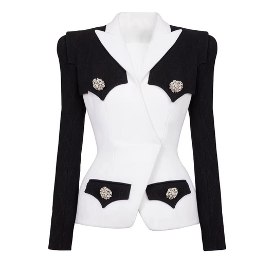 Long Sleeve Crystal Button Blazer Black White