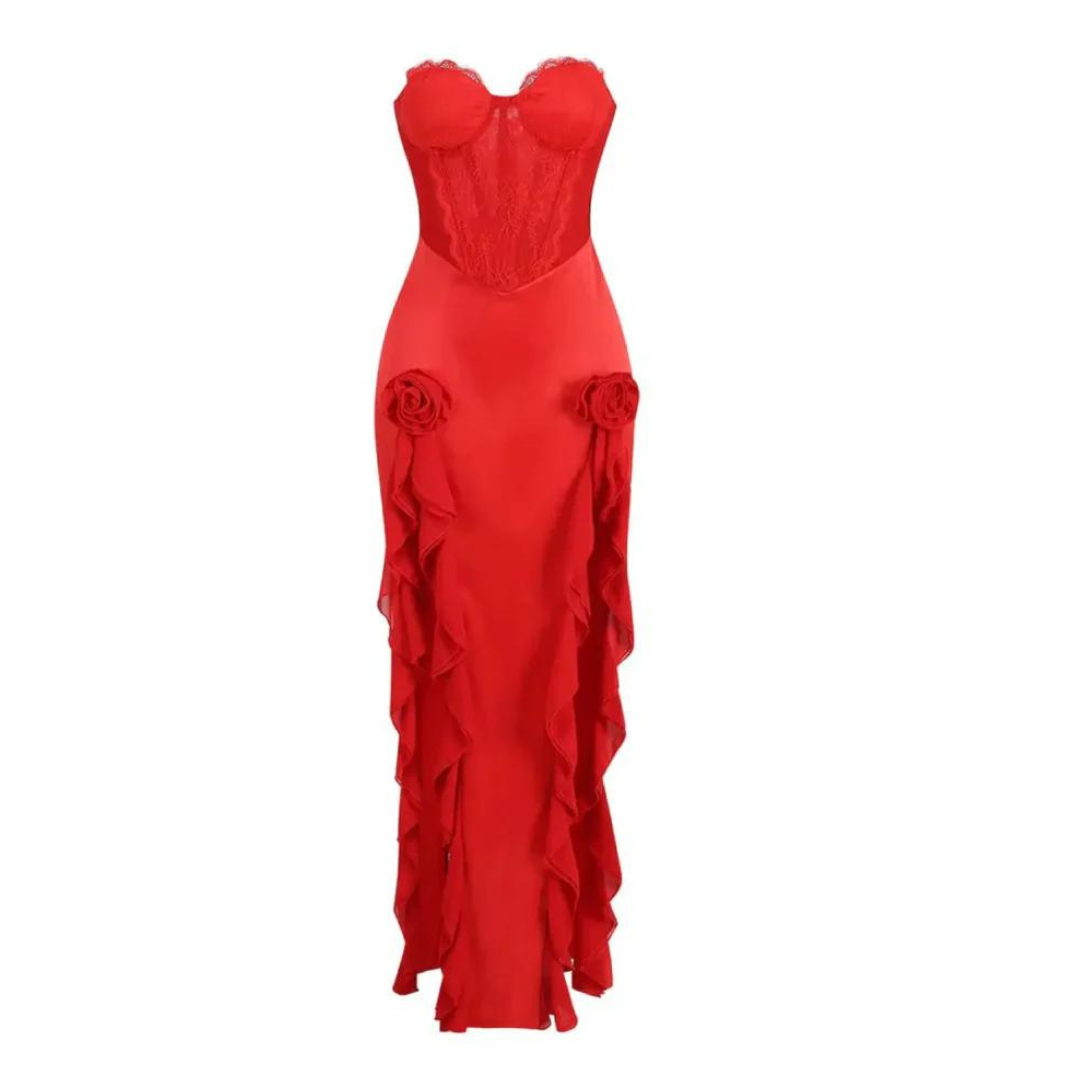 Strapless Lace Corset Ruffle Maxi Dress HV1025