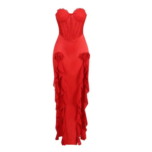 Strapless Lace Corset Ruffle Maxi Dress  HV1025