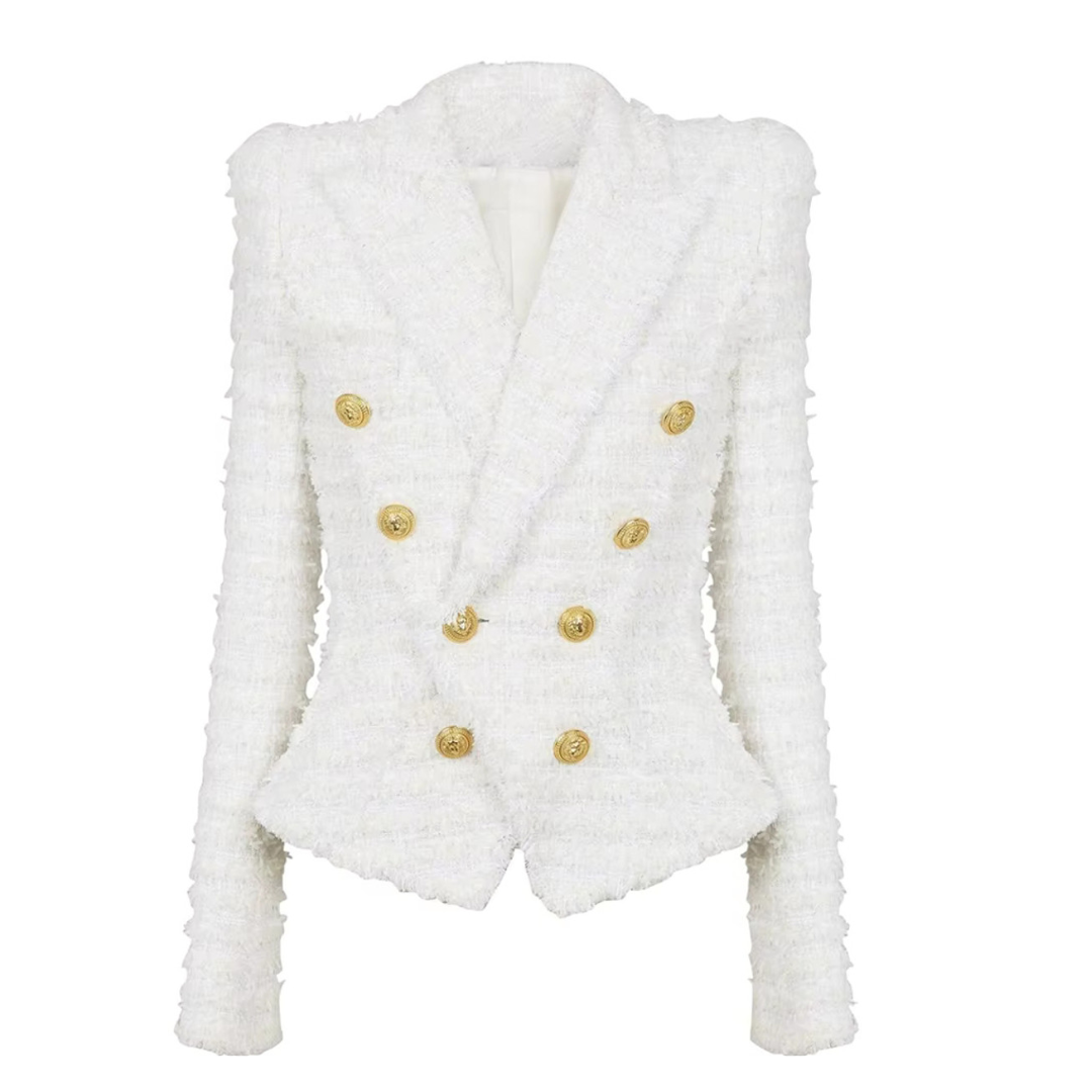 Long Sleeve Frayed Blazer White