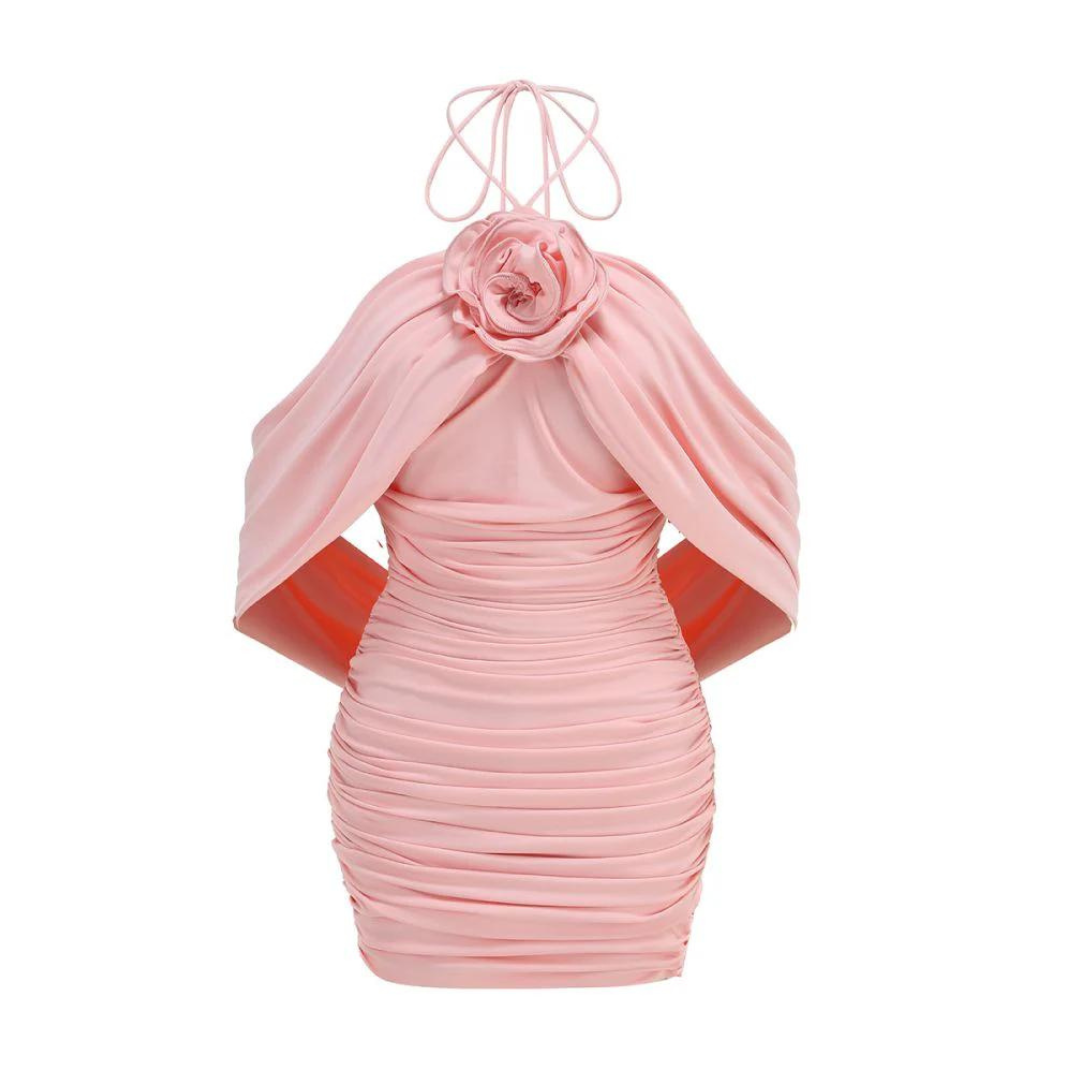 Halter Floral Detail Draped Dress Pink HV1589