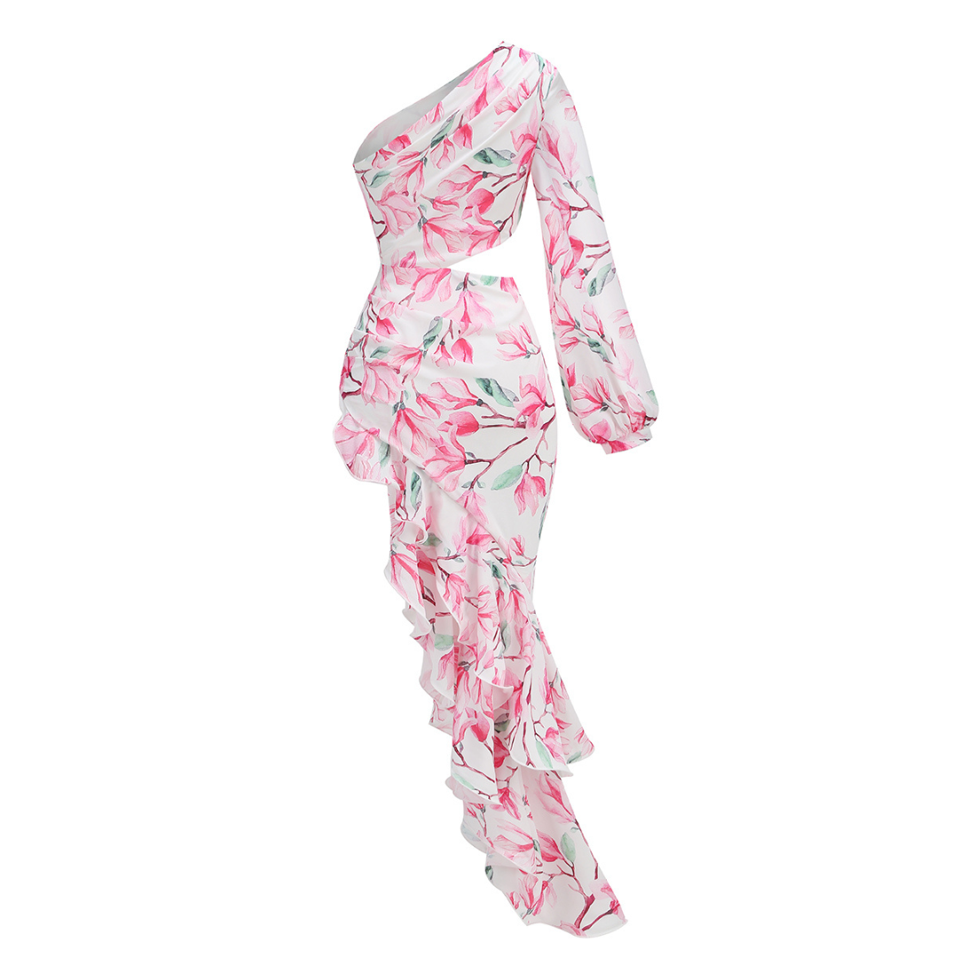 One Sleeve Floral Ruffle Maxi Dress Rose Pink HV1367