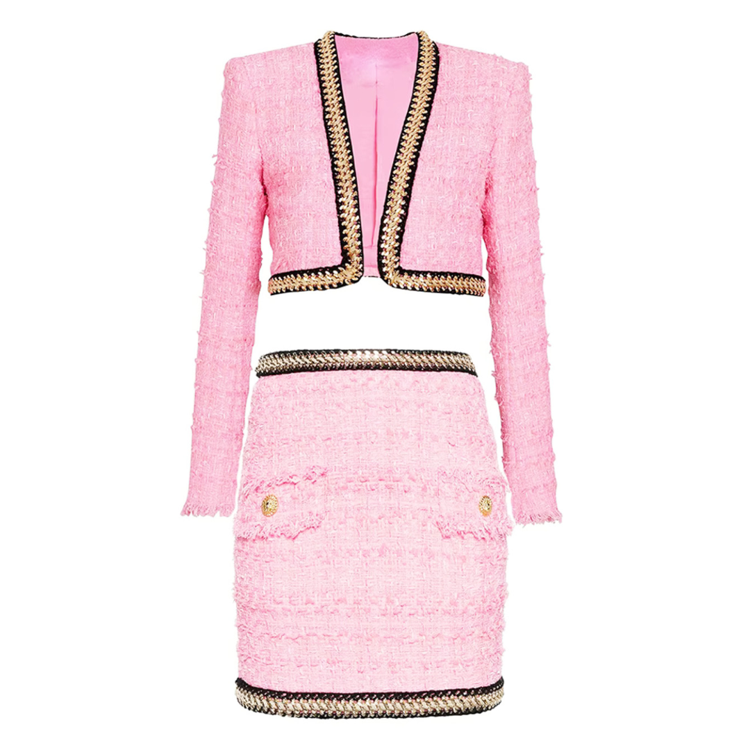 Long Sleeve Gold Trim Two Piece Set Pink HV1423