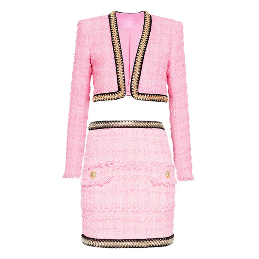 Long Sleeve Gold Trim Two Piece Set Pink HV1423