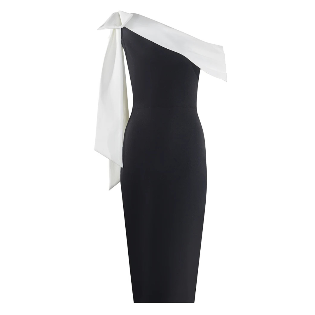 One Shoulder Bow Detail Midi Dress Black White