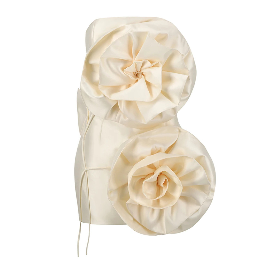Strapless Floral Detail Dress Ivory