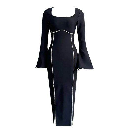Long Sleeve Crystal Trim Midi Dress Black